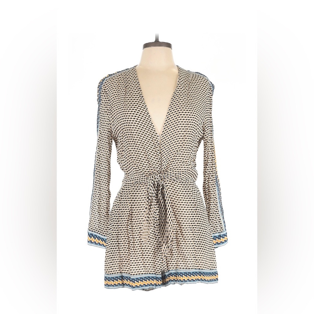 Reiss Beige and Black Geometric Tie-Front Jumpsuit with Blue Trim